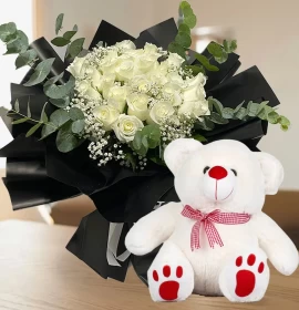 white roses bouquet - free teddy - free gift