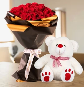 red roses bouquet and free teddy bear - free gift