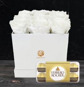 white roses vox and chocolate - flowers and rocher ferroro