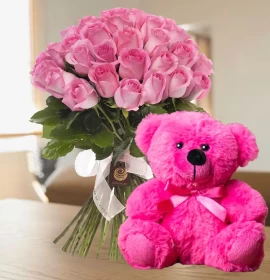 pink roses bunch - free gift - free teddy