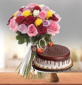 mixed roses and cake - flower and cake dubai