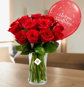 red roses in vase with balloon - flowers and balloon free gift