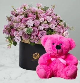 purple roses box with free teddy - free gift