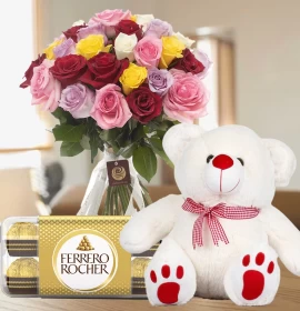 mixed roses bunch - chocolate and teddy with flowers
