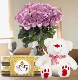 purple roses bunch - teddy and chocolate with flowers