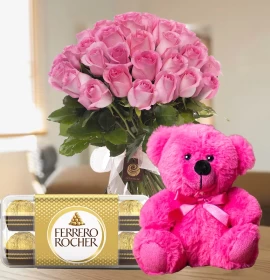 pink rose bunch and chocoloates - flowers and rocher feroro
