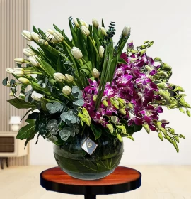 White Tulips and Purple Ochids in Bowl