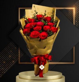 red roses bouquet golden wrapping - valentine flower delivery