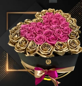 Golden Roses -  Pink and Golden Roses in Heart Box