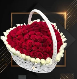 Lucky Roses -  Red and White Roses Arranged Heart Shape in Basket 