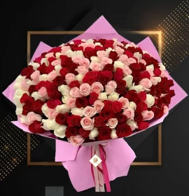 Valentine Lady - Valentine Pink, White & Red Roses Premium Bouquet