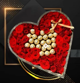 Valentine Surprise - Red Roses and Rocher Ferroro in Heart Box