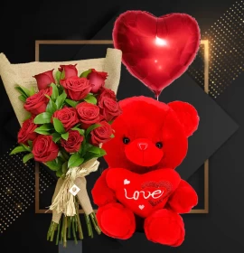 Red Roses Bouquet with Red Foil Balloon and Red Teddy