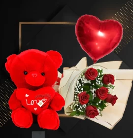 Six Red Roses Bouquet with Teddy and Red Foil Balloon
