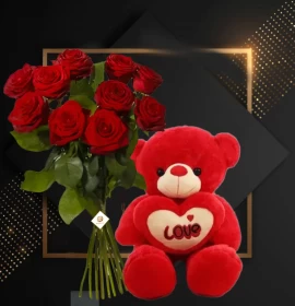 Ten Red Roses Bunch and Teddy Bear (40 cm)