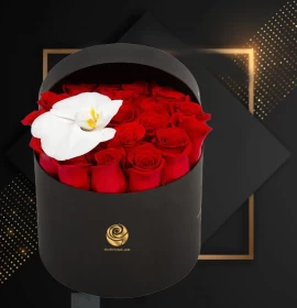 red rose and white orchid flower box