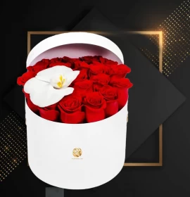 red roses with orchid flower box