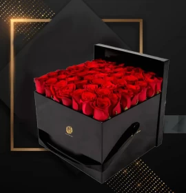 Elisha - Valentines Black Square Box Arrangement with Red Roses