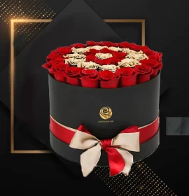 red and golden roses black flowers box.webp
