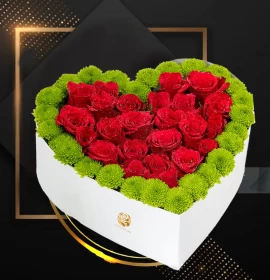 red roses and green flowers in heart box - valentines flowers