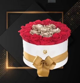 red and golden roses flowers box