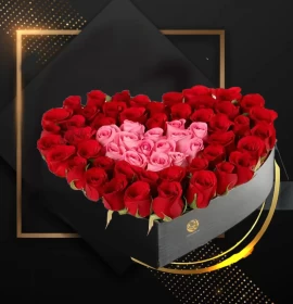 Red and pink roses heart box