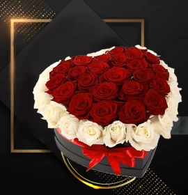 red and white roses in heart box - flower delivery dubai