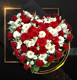 red and white flowers in heart box - send valentine flowers