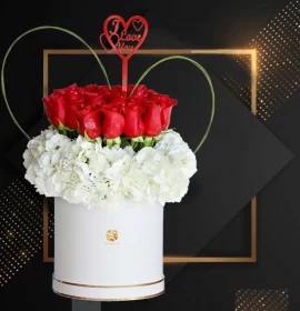 red roses and hydrangea box valentine