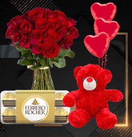 Valentines Day- 25 red rose bunch with teddy, balloons & chocolate