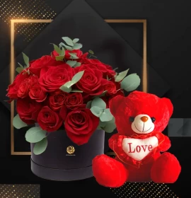 Red Roses Box with Red Teddy