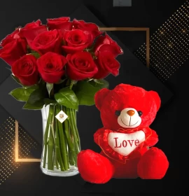Red Roses Vase with Red Teddy