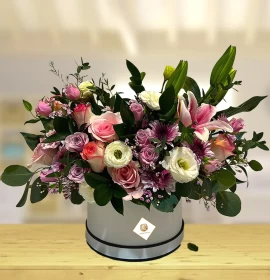 mixed pink and white flowers hat box
