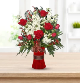 Red and White Flowers in Red Cylidner