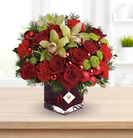 Christmas Flowers in Red Square Vase