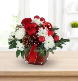 red and white flowers in square box