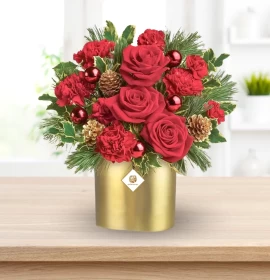 Christmas Flowers in Golden Glass Vase