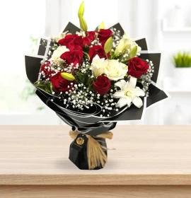 Accra - Elegant Red & White Rose Lily Bouquet