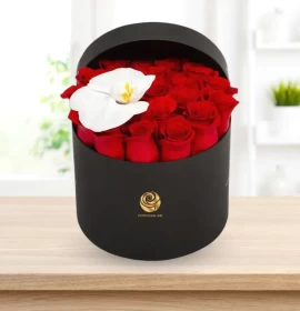 Damascus – Valentine's Premium Red Rose Box with White Orchid in Black Hatbox