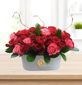 Nicola – Romantic Red and Pink Rose Tabletop Floral Arrangement